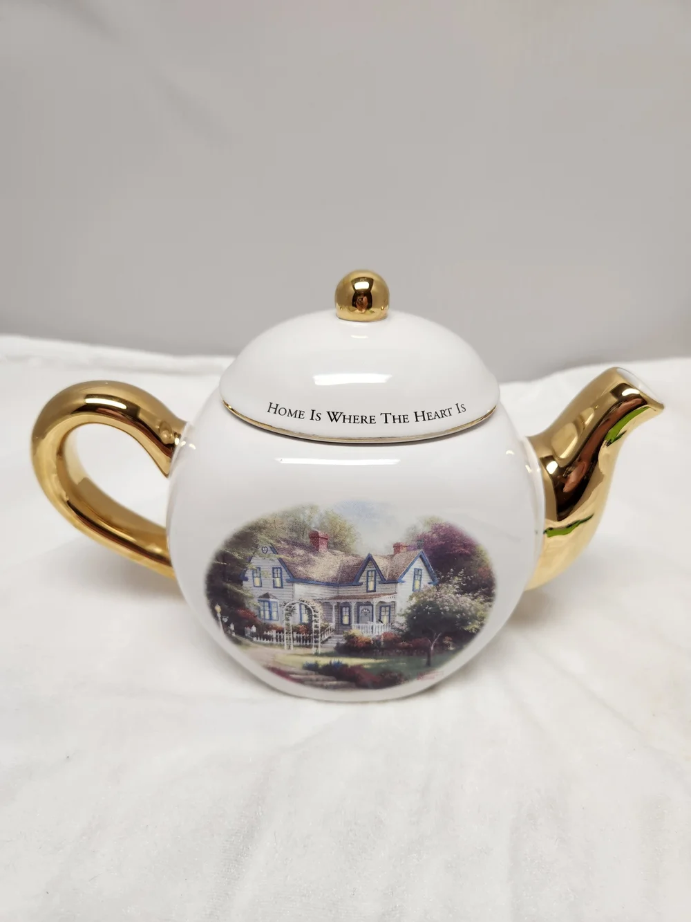 Thomas Kinkade White and Gold Decorative Teapot with Cottage Artwork